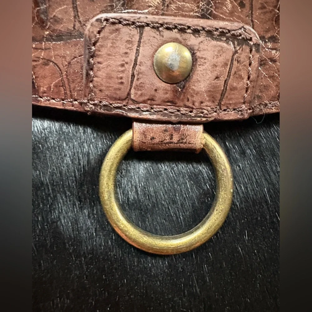 Vintage 90s Preston & York Brown Croc Embossed Leather Black Calf Hair Purse Bag